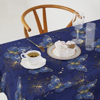 Retro Blue Butterfly Tablecloth, Luxury Golden Blue Butterfly Print Table Cover for Home Dining Decor Kitchen Party Outdoor 60x90in