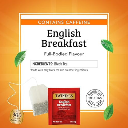 Twinings English Breakfast Black Tea Individually Wrapped Bags, 100 Count (Pack of 1), Smooth, Flavourful, and Robust, Caffeinated, Enjoy Hot or Iced, 100 Teabags