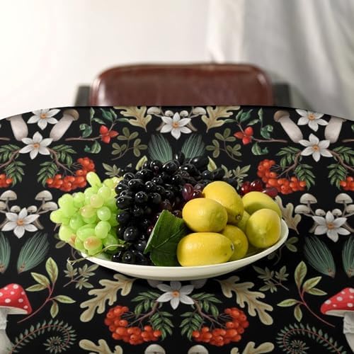 Autumn Mushroom Tablecloth, Rustic Vintage Farmhouse Mushrooms Fern Berries Leaves Botanical Print Table Cover for Outdoor Party Picnic Kitchen Dinning Table Decor 55x55in