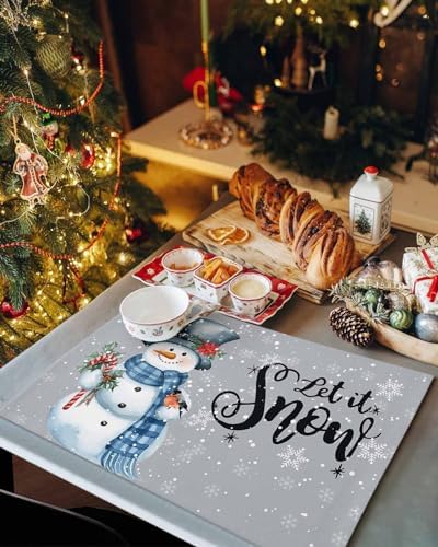 Snowman Christmas Placemat 1PC, Let It Snow Winter Holiday Heat Resistant Washable Table Place Mats Grey White Cotton Table Linens Party Holiday Decor for Kitchen Dining Outdoor Indoor