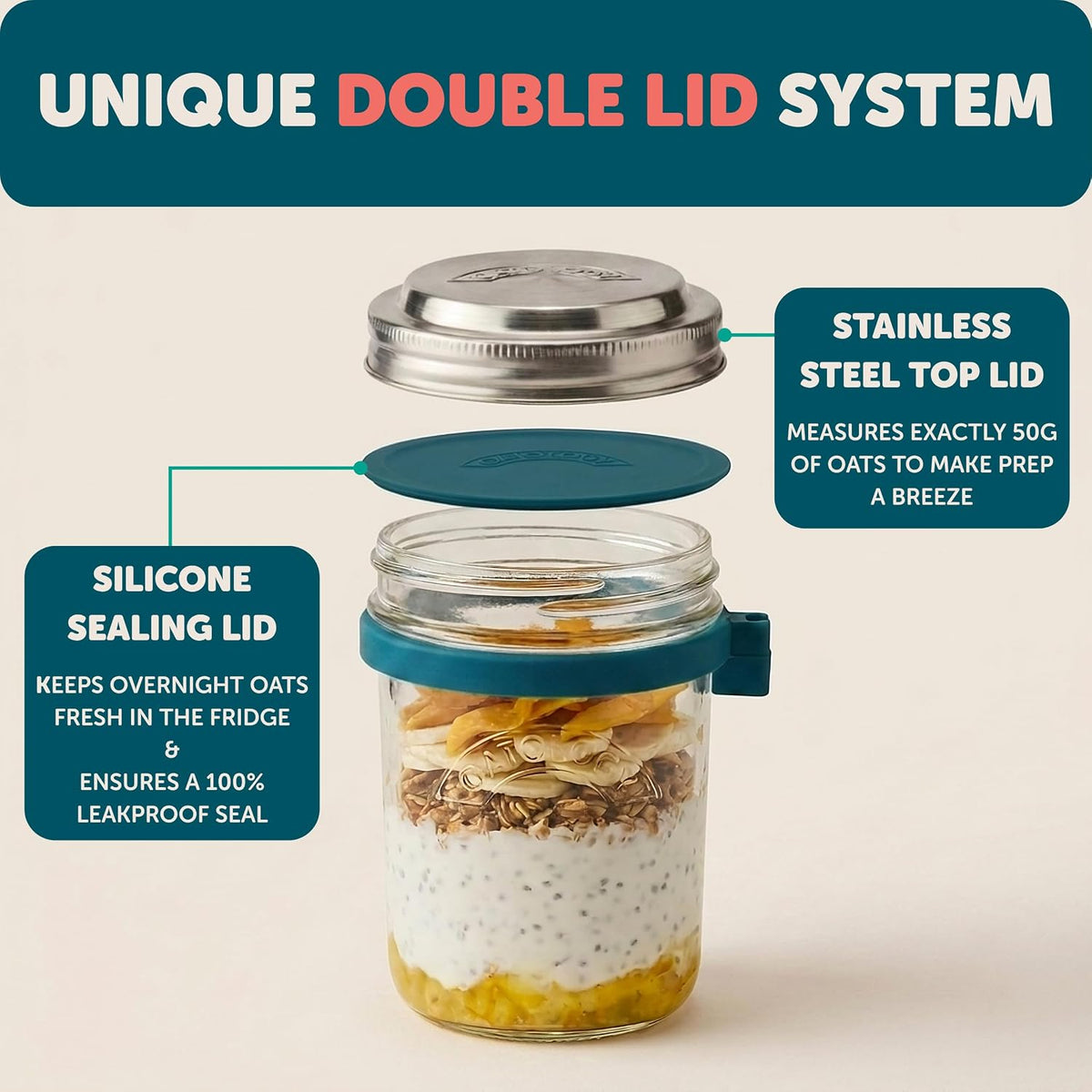 Overnight Oats Jars with Lids and Spoon - Glass Chia Pudding Containers - 16 oz Leakproof Mason Jar for Oatmeal - Wide Mouth To Go Meal Prep Cup with Measurement Markings - 1 Pack
