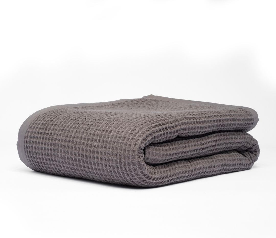 GOTS Certified Organic Cotton Waffle Weave Blanket, King Bed Blanket,108"X90" Cozy Throw Blanket for Couch, Modern Home Decor, Throw Blankets,Waffle Blanket, Soft Bed Blankets -Charcoal Grey
