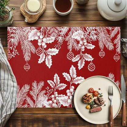 Red Christmas Placemats Set of 6, Floral Pine Leaf Xmas Balls Heat Resistant Washable Table Place Mats White Winter Holidays Cotton Table Linens Party Holiday Decor for Kitchen Dining Outdoor Indoor