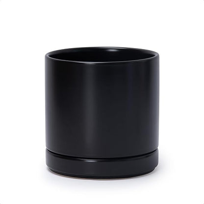D'vine Dev 6.5 Inch Ceramic Planter Pot with Drainage Hole and Saucer, Indoor Cylinder Round Flower Pot, Black, 94-O-C-2