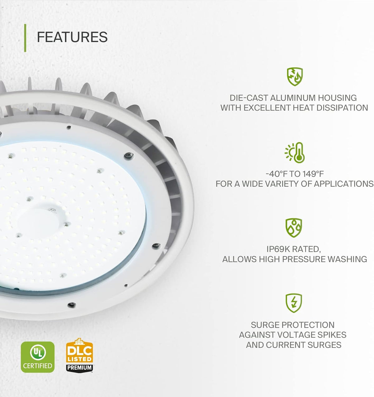 ASD LED High Bay UFO Light Fixture, Commercial Shop Lighting | Dimmable, IP69K Waterproof, DLC Premium, UL Listed | 200W 29600LM 5000K 100-277V | Warehouse, Garage, Workshop, Barn Lamp | White