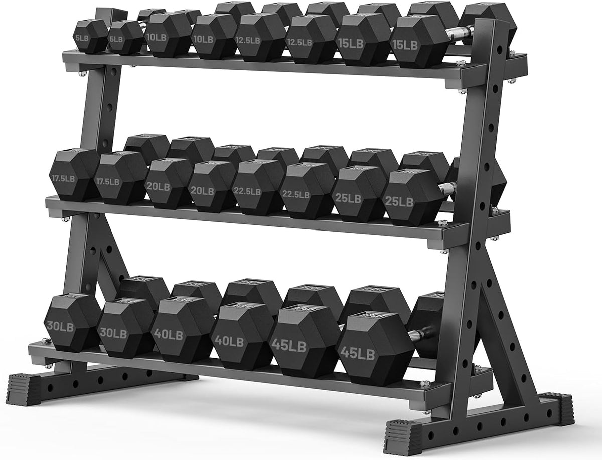 PAPABABE Hex Dumbbell Set with Rack, Rubber Encased Free Weight with Weight Storage Racks, Multiple Weight Options for Home Gym and Fitness