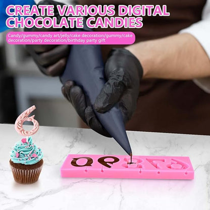 OBTANIM Silicone Number 0-9 3D Embossed Fondant Chocolate Mold with Stick Hole for Birthday Cake Decorating DIY Baking