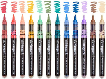 KINGART Acrylic Paint Markers Brush Tip, 12 Vintage Colors. Water-based, no-bleed, waterproof pens with automatic ink control for rock, egg, wood, fabric, glass & DIY crafts