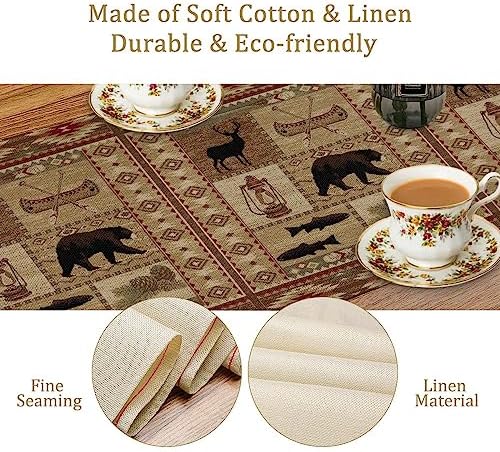Vintage Rustic Cabin Bear Table Runner,Cottage Country Style Pine Tree Elk Wildlife Dinner Runner for Home Kitchen Dining Table Decoration 13"x60"
