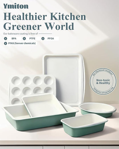 Ceramic Nonstick Baking Pans Set, Non Toxic 30 PCS Stackable Bakeware Sets, 550°F Oven Safe Baking Sheet & Pans, Warp-Free, Dishwasher Safe, PTFE/PFOA/PFOS-Free (Green)