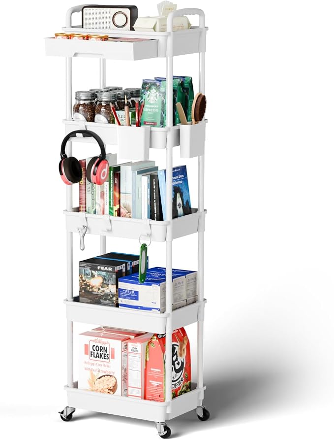 Sorgion 5 Tier Rolling Cart Organizer,Bathroom Cart Organizers with Wheels Laundry Room Organization Mobile Shelving Unit Utility Cart Storage Shelves Multi-Functional for Office, Home(White)
