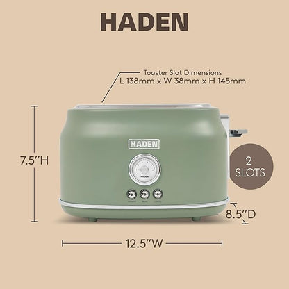 Haden Dorset 2 Slice Wide Slot Stainless Steel Toaster with Adjustable Browning Control & Non Slip Feet, Cedar Green & Chrome