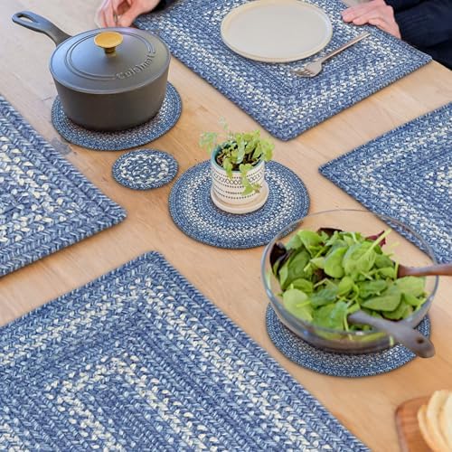 Homespice Denim Jute Braided Trivets Ideal as Hot Pads, Round 8" Set of 3
