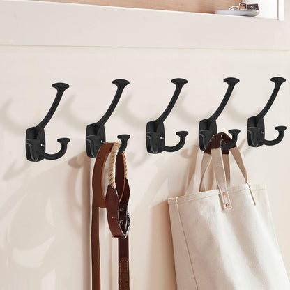 Large Wall Double-Sided Hook 2 Pack Matte Black Hook Decorative Heavy Duty Solid Large Coat Hooks for Towel Hanging Coats Robe Towel Bags Door Back 2 Prong Hooks