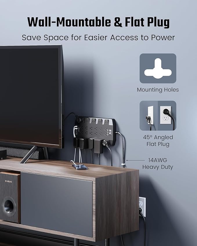 SUPERDANNY Power Strip Surge Protector with 15ft Extension Cord - 22 Outlets, 6 USB Ports, 45W Fast Charging - 1875W/15A, 2100J, 45°Plug, Mountable - Ideal for Home, Office, Gaming, PC, Streaming