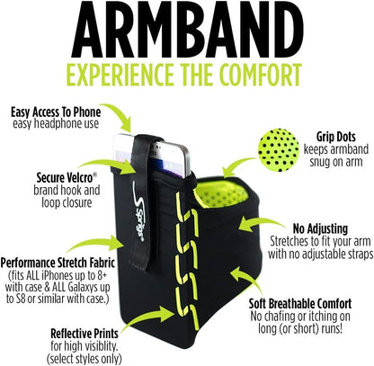 Sprigs Phone Armband Sleeve for iPhone 14, 13, 12, 11, X Galaxy Z, S22, S21, S20 Google Pixel 7, 6, 5. The Lightest & Most Comfortable Running Armband, Stretches to Fit All Phones with Case for Women & Men