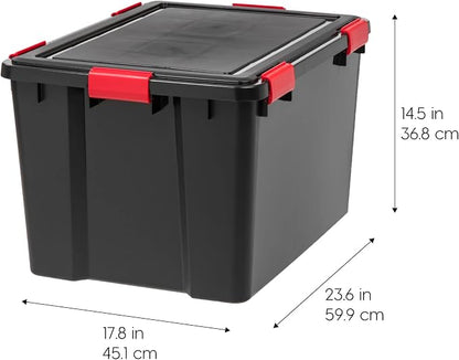 IRIS USA WeatherPro 74 Qt Storage Bins with Lids, 4 Pack, BPA-Free Plastic Gasket Box with Tight Latch and Seal, Stackable Nestable Tote Tub - Black/Red