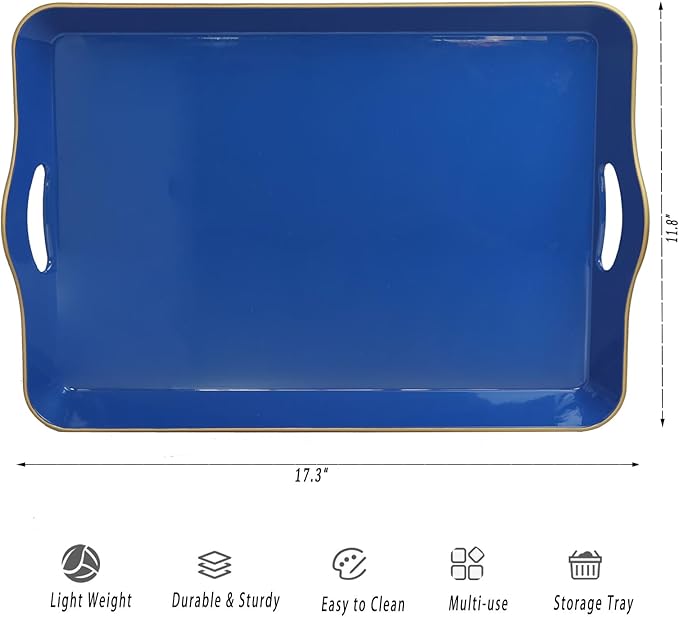 Spsyrine Large Blue Serving Tray with Handles, Plastic Decorative Tray for Coffee Table, Ottoman, Bathroom, Home Decor 17.3"*11.8"*2"