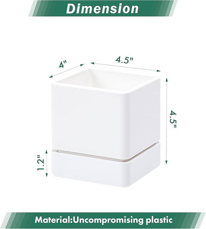 D'vine Dev 4 Inch Herb Planter Pot, Plastic Planter with Drainage Holes and Saucer, Modern Decorative Gardening Pot for Indoor Plants, Flowers, Herbs, Succulents, White, Set of 1, 76-Y-A1-1