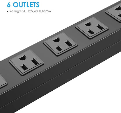 3Pack Metal Wall Mount Power Strip, Mountable Power Outlet with 6 AC Outlets, Aluminum Alloy Mount Power Socket with Switch, 6 FT SJT 3/C 14AWG Power Cord, 15A 125V 1875W (6AC)