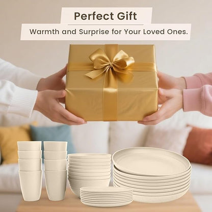 Homienly 32 PCS KItchen Wheat Straw Dinnerware Sets for 8, Reusable Plates and Bowls Sets, Dishes Set for 8, Alternative to Plastic Dish Set for Camping, PIcnic, Microwave and Dishwasher Safe - Beige