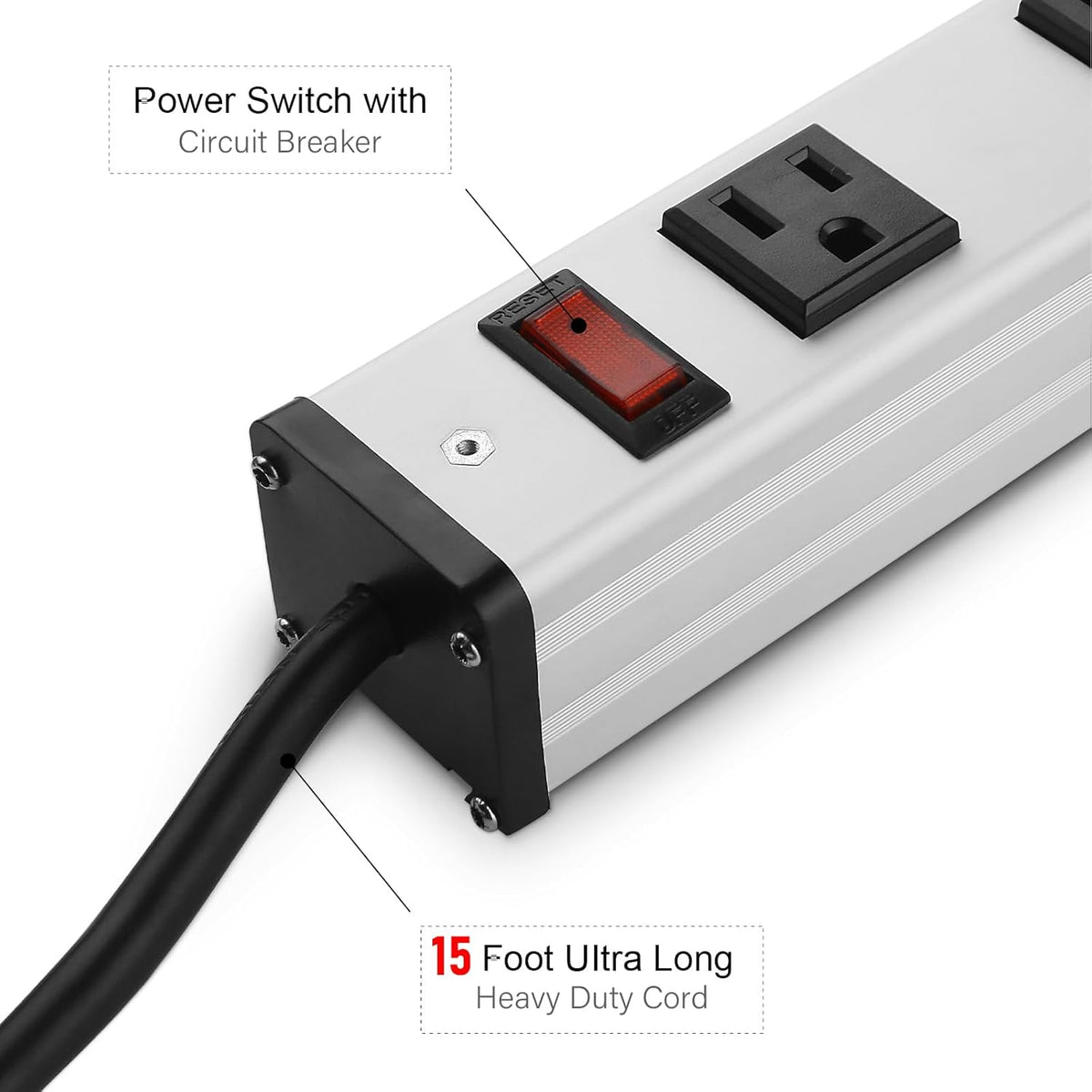 Heavy Duty Power Strip - 16 Outlet Large Metal Industrial Power Strip, 15FT Cord, 15A, 125V, 1875W (Silver)