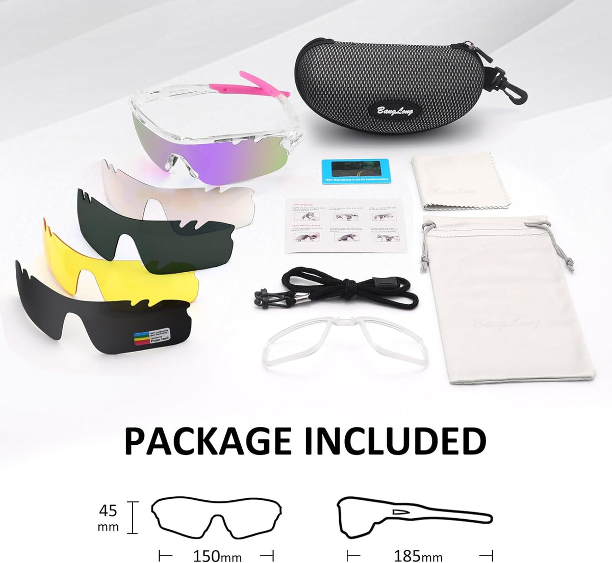 BangLong Polarized Sports Sunglasses Cycling Sun Glasses for Men Women with 5 Interchangeable Lenes for Running Baseball Golf