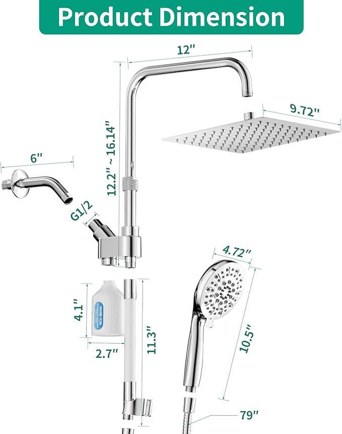 10" Filtered Rain Shower Head with Handheld Spray Combo, High Pressure Shower Head and Handle Set with Filter, Dual Shower Head with Extra Long Hose and Adjustable Extension Arm (Chrome)