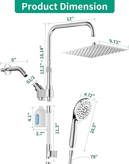 10" Filtered Rain Shower Head with Handheld Spray Combo, High Pressure Shower Head and Handle Set with Filter, Dual Shower Head with Extra Long Hose and Adjustable Extension Arm (Chrome)
