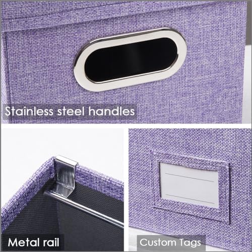 PRANDOM File Organizer Box - Set of 4 Collapsible Decorative Linen Filing Storage Hanging File Folders with Lids Office Cabinet Letter/Legal Size Purple 17.1x14x11.1 inch