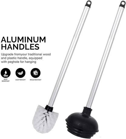 NEIKO 60167A Toilet Plunger with Holder for Brush and Bathroom Plunger Set, Clean Aluminum Handle, White Plunger Caddy, Toilet Brush Set for Cleaning Toilet Bowl