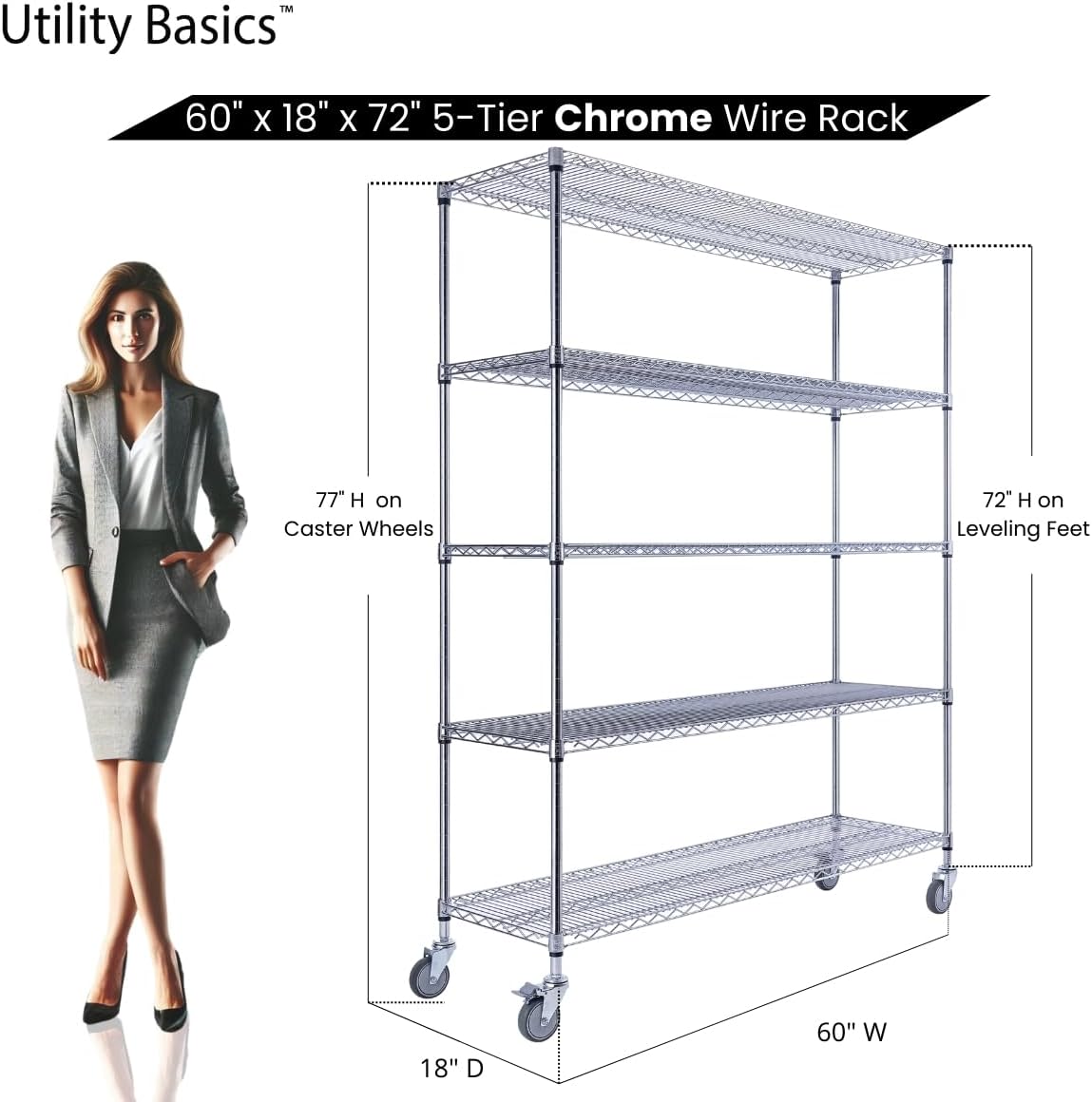 60"x18"x72" Chrome 5-Tier PREMIUM Wire Shelving NSF 4000 LBS MAX CAPACITY Heavy Duty Steel Storage Rack for Warehouses, Garages, Hospitals, Commercial Spaces, & Schools w/PREMIUM WHEELS