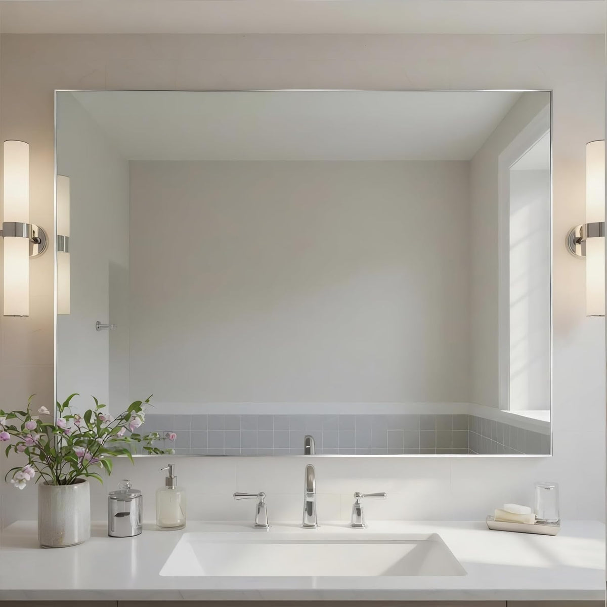 30x40 Inch Nickel Bathroom Mirror for Wall, Aluminum Frame Rectangle Rectangular Vanity Mirror, Modern Large for Bedroom, Living Room, Horizontal or Vertical