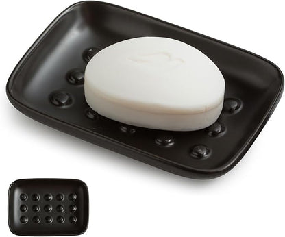 Soap Dish, Ceramic Soap Holder Shower Soap Dish for Bar Soap Sponge, Soap Saver Tray for Bathroom Kitchen Sink, Black