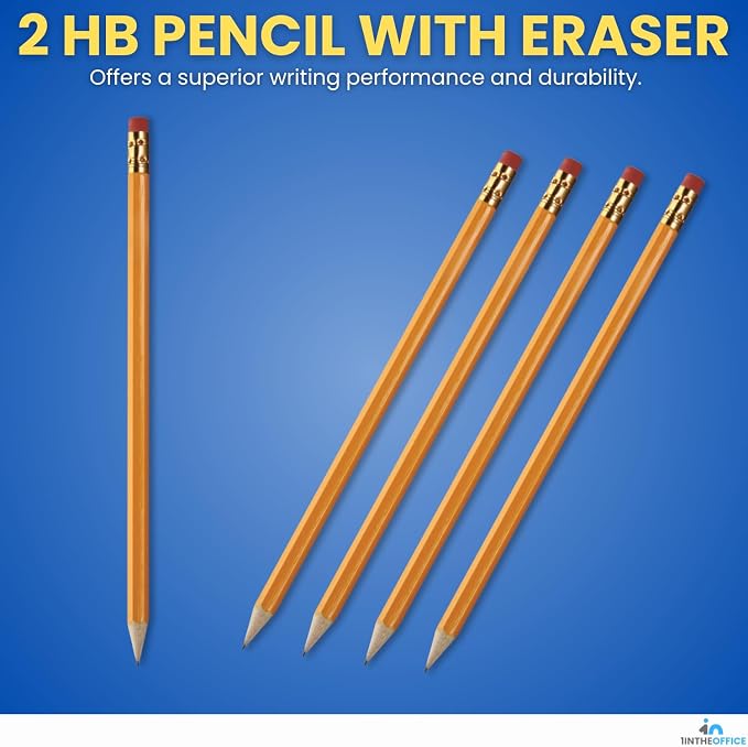 1InTheOffice Pre Sharpened Pencils #2, Pencils with Eraser, 2 HB, Wood-Cased, Black Lead, Yellow Barrel (144)