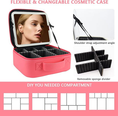 Travel Makeup Bag for Women and Makeup Artists Cosmetic Organizer Large Makeup Case,Travel Makeup Bag with Mirror 3 Color Setting,Portable Storage and Adjustable Dividers(light red)
