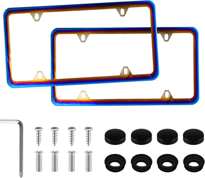LivTee 4 Holes Stainless Steel License Plate Frames, 2 PCS Car Licence Plate Covers, Automotive Exterior Accessories Slim Design with Bolts Washer Caps for US Vehicles, Colorful