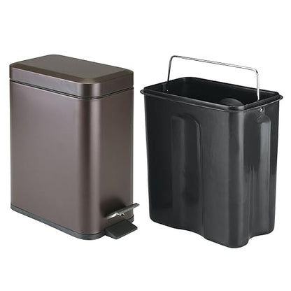 mDesign Metal Freestanding Slim Toilet Bowl Brush and Holder + Rectangle Narrow 5 Liter / 1.3 Gallon Step Pedal Trash Can Wastebasket for Bathroom - Small, Compact Design - Set of 2 - Bronze