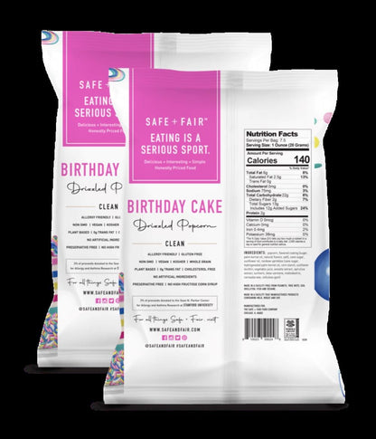 Safe + Fair Birthday Cake Drizzled Popcorn - Gluten-Free, Dairy Free and Vegan Snack - Free From Top 9 Allergens and Artificial Ingredients – Non GMO, Plant Based Kettle Popped Corn, 5.5oz, 6 Pack