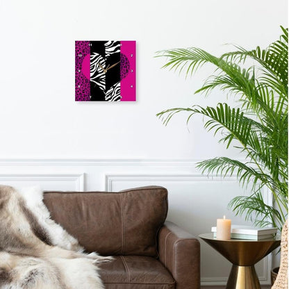 3dRose DPP_35437_3 Pink Black and White Animal Print Leopard and Zebra Heart Wall Clock, 15 by 15-Inch