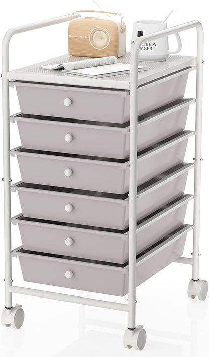 6-Tier Utility Cart with 6 Drawers, Rolling Utility Cart with 2 Lockable Caster Wheels, Multipurpose Mobile Rolling Drawer Cart for Office Bathroom Kitchen, Gray
