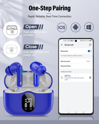 Wireless Earbuds, Bluetooth 5.4 Headphones Bass Stereo, Ear Buds with Noise Cancelling Mic, IP7 Waterproof in Ear Earphones, 36H LED Display Bluetooth Earbuds for Laptop Pad Phones Sports, Blue