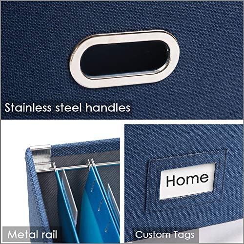 PRANDOM File Organizer Box - Set of 4 Collapsible Decorative Linen Filing Storage Hanging File Folders with Lids Office Cabinet Letter/Legal Size Navy Blue 17.1x14x11.1 inch