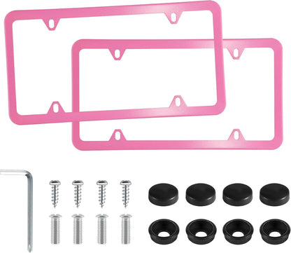 LivTee 4 Holes Stainless Steel License Plate Frames, 2 PCS Car Licence Plate Covers, Automotive Exterior Accessories Slim Design with Bolts Washer Caps for US Vehicles, Pink