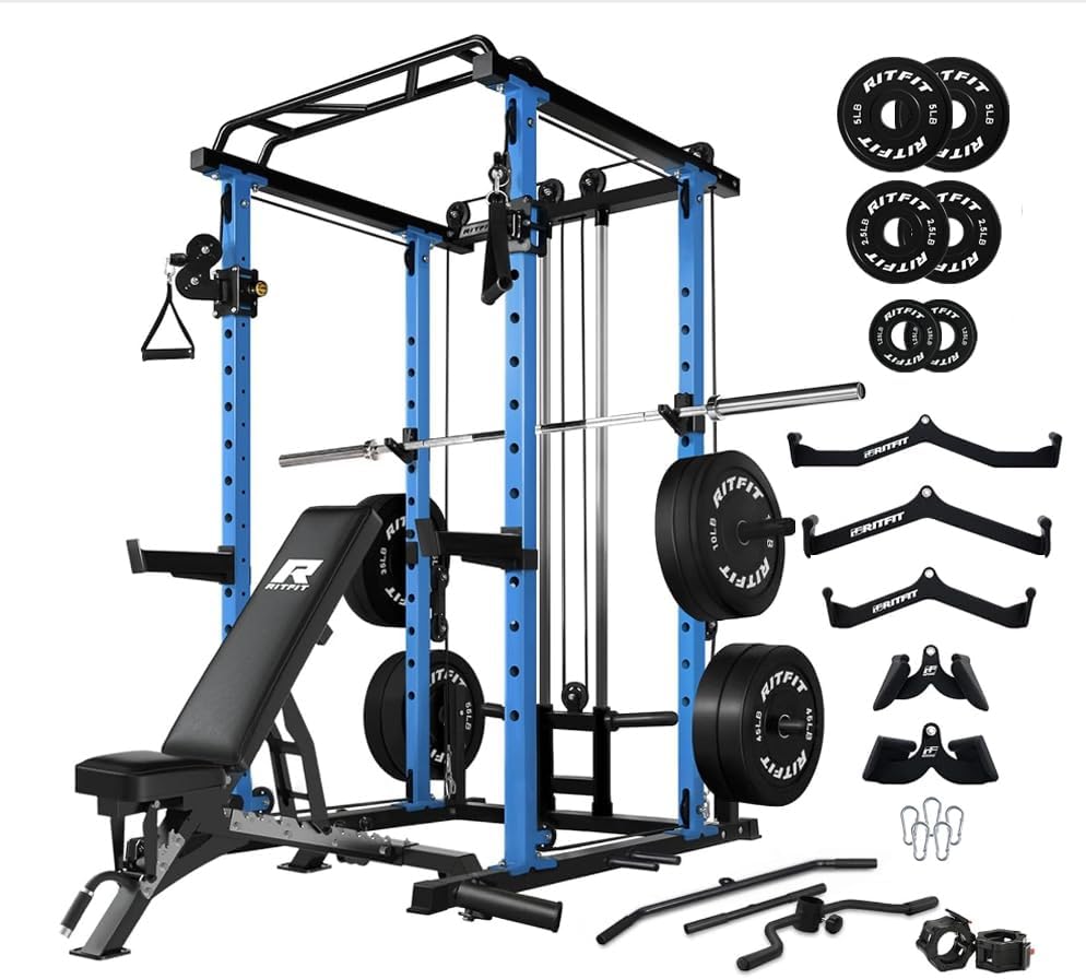 RitFit Multi-Function Squat Rack Power Cage PPC03 with Cable Crossover System, 1000LBS Capacity Power Rack and Packages with Optional Weight Bench, Barbell Weight Set, for Garage Workout & Home Gym