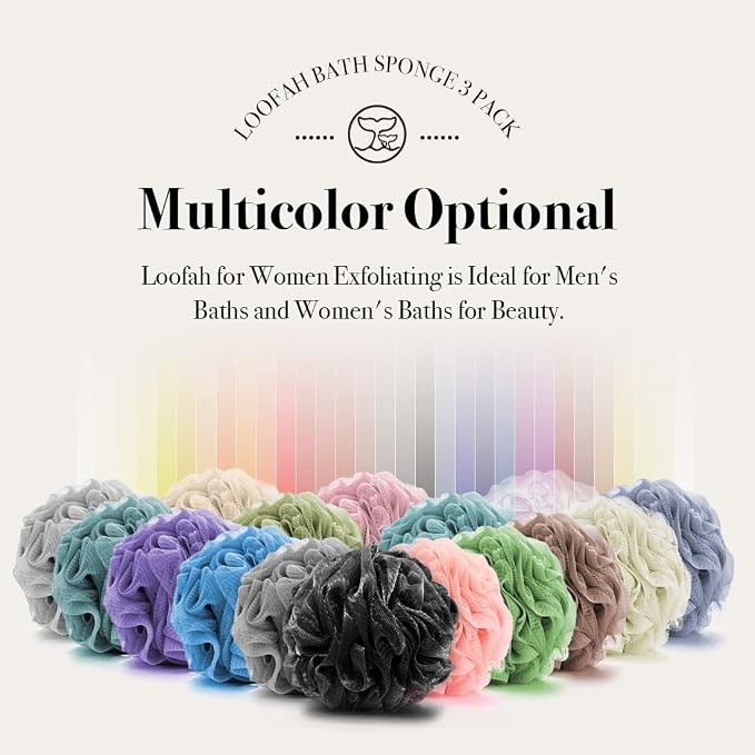Loofah Sponge Bath Sponge for Women Men 4 Pack (Purple Blue Red Green)