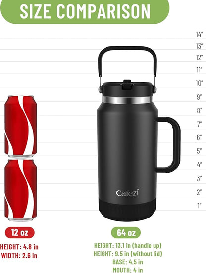 64oz Half Gallon Insulated Water Jug with Flip Straw & Silicone-Grip Handle - Leak-Proof, Sweat-Free, BPA-Free, Iced for 34 Hours, Wide Mouth, Dishwasher Safe, Anti-Slip Base