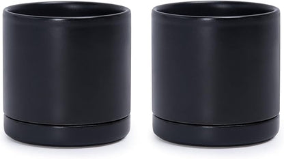D'vine Dev Set of 2 Plants Pots, 3.5 Inch Ceramic Planter Pot for Plants with Drainage Hole and Saucer, Black, 94-V-A-2