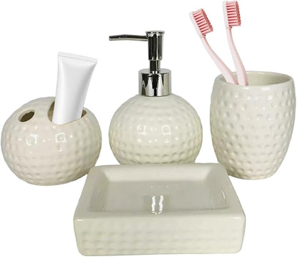 Bathroom Sink Set, 4Pcs White Bathroom Accessories Set Engraved Soap Dispenser with Toothbrush Holder & Tumbler & Soap Dish Ceramic Accessories for Home Hotel