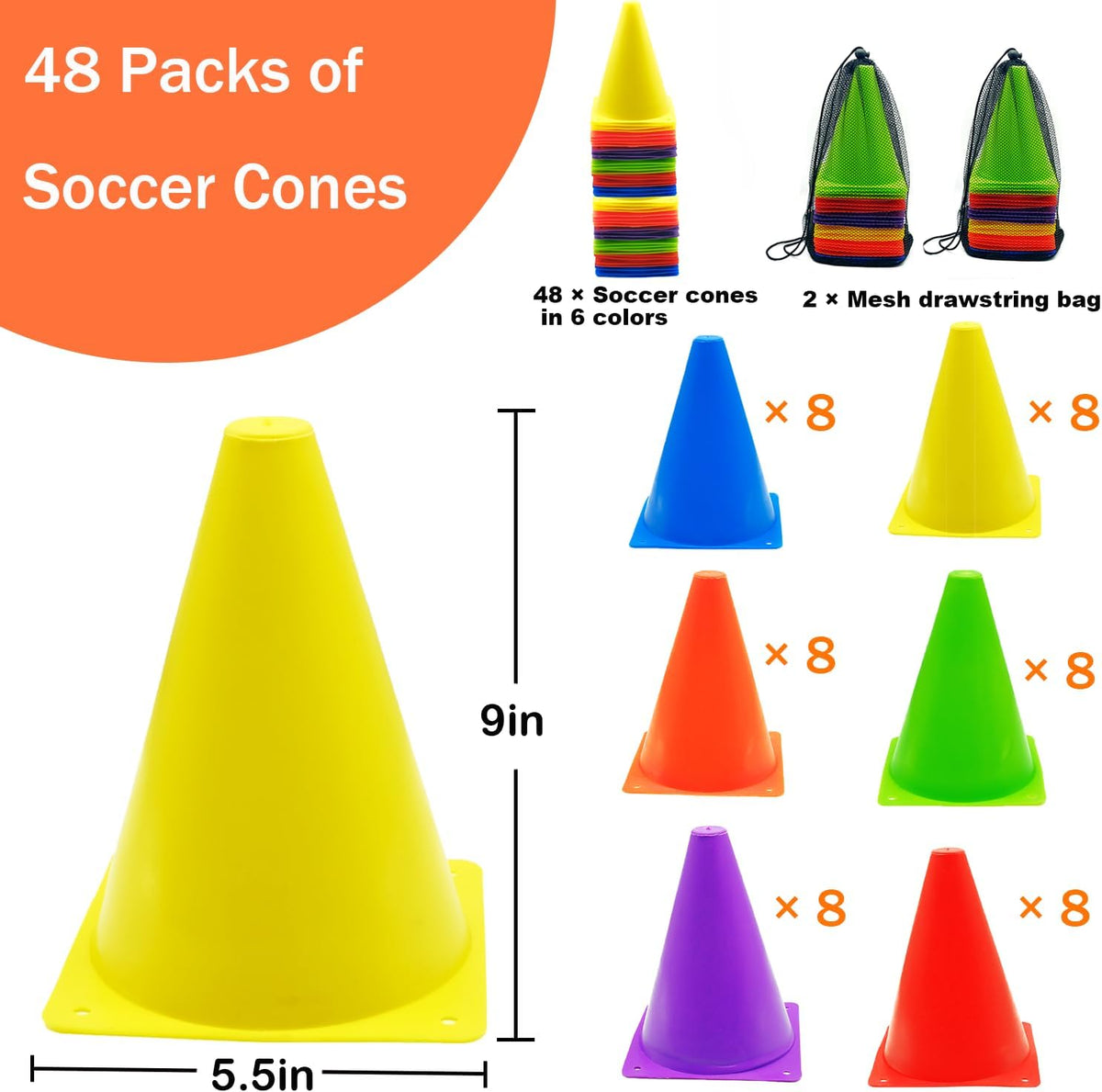 12/24/48Pcs Soccer Cones,7" or 9" Soccer Cones for Training, Multicolor Cones Sports Soccer Training Cones, Field Cones for Skating Basketball Football Drills Practice